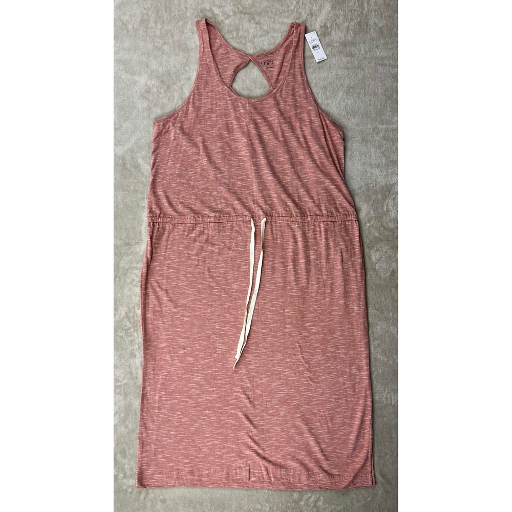 NWT LOFT Women's Space Dye Sleeveless Drawstring Waist Midi Dress Pink Size L